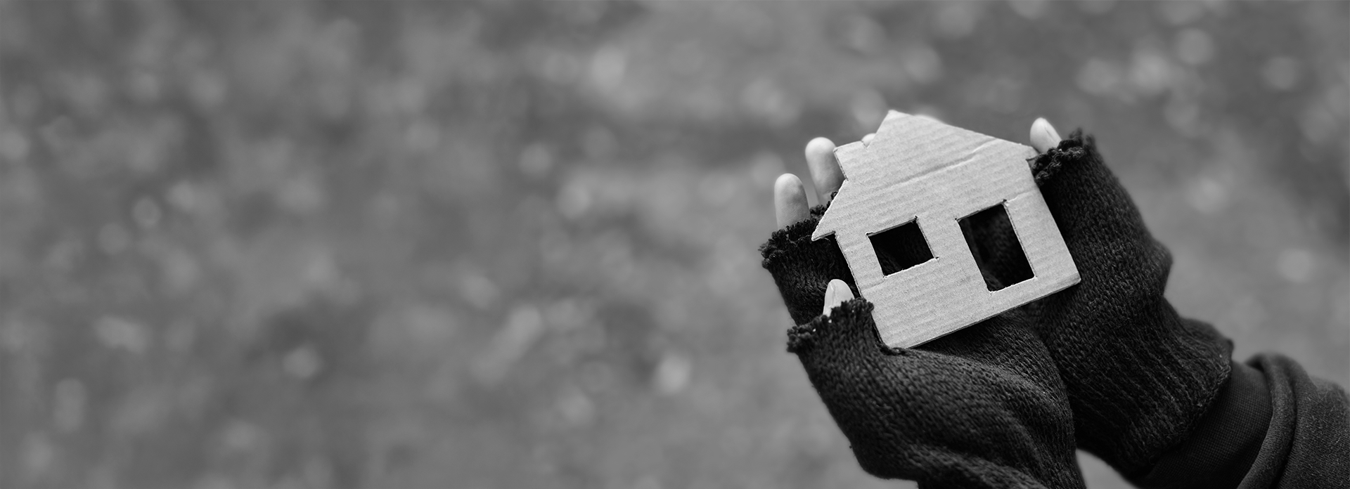 A young person holds a cardboard cut-out of a house.